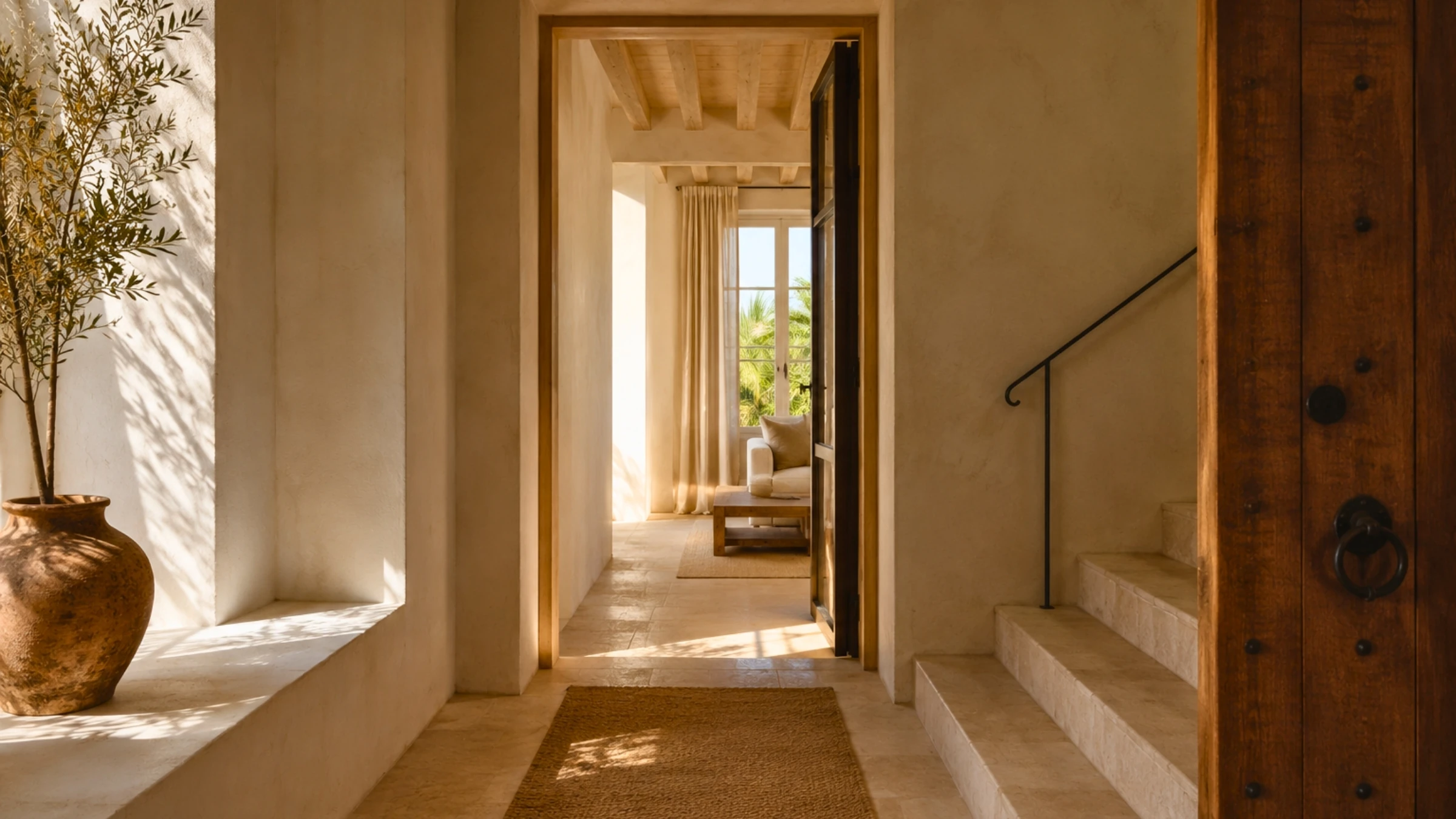 Warm Mediterranean entrance hall leading into a private residence, with natural stone, timber details and soft morning light.